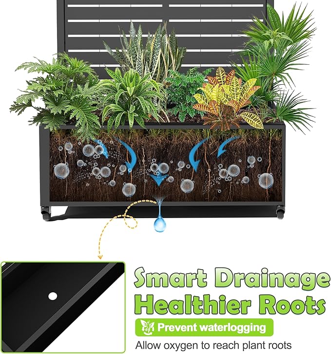 15.7"×70.9"×35.4" Metal Raised Garden Bed with Trellis and Wheels - Tall Trellis Planter Box for Climbing Plants, Vegetables & Vines - Outdoor Privacy Planters for Patio (Black-Louvered)