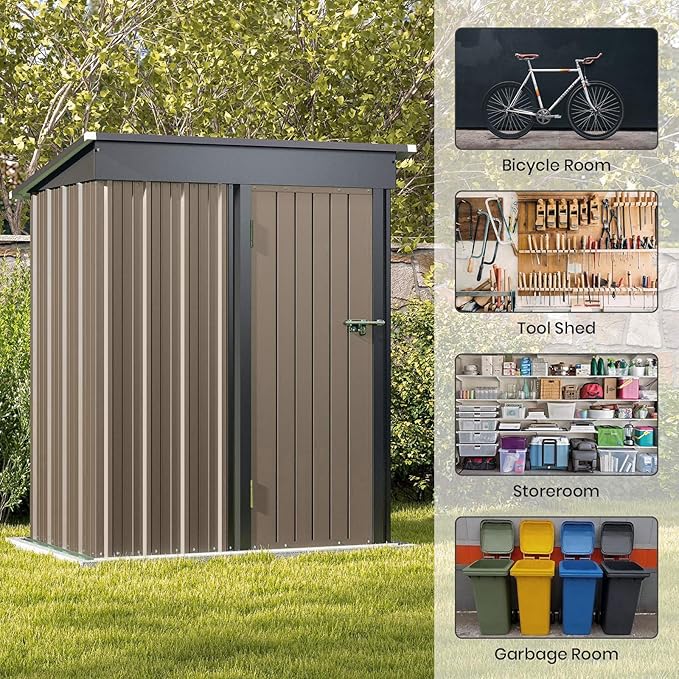 Patiolife 5x3 FT Outdoor Storage Shed, Small Tool Metal Shed with Lockable Door & Sloping Roof, Garden Shed for Backyard Patio Lawn, Brown