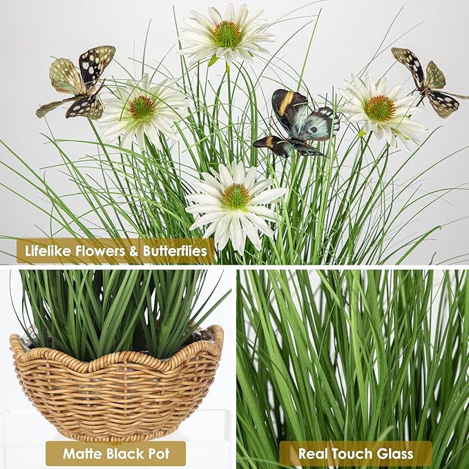 Artificial Plants Indoor with Pot, 17.3" Fake Potted Plants Artificial Onion Grass Plant with White Daisies Flowers and Butterflies Small Faux Plant Indoor for Home Living Room Table Shelf Decor