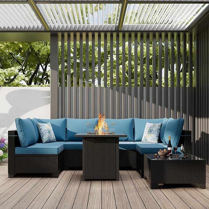 Patio Furniture Set with Fire Pit Table 28", 8-Piece Outdoor Furniture Set with Thick Cushions, Outside Wicker Sectional Sofa for Porch Garden Backyard, Coffee/Peacock Blue