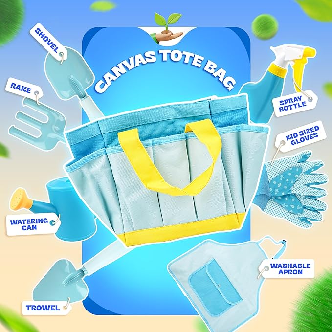 SMILESSKIDDO Kids Gardening Set - Toddler Garden Tool Set with Shovel Rake Trowel, Apron Tote Bag Watering Can and Tool Bag, Ideal Kids Gardening Tools Toy for Boys and Girls (Blue)