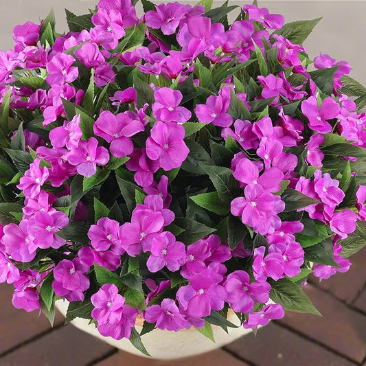 Artificial Flowers for Outdoors Silk Impatiens Flowers Faux Flowers Impatien Bushes Artificial Impatiens for Pot Patio Lawn Garden Hanging Basket Porch Decor (8, Purple)