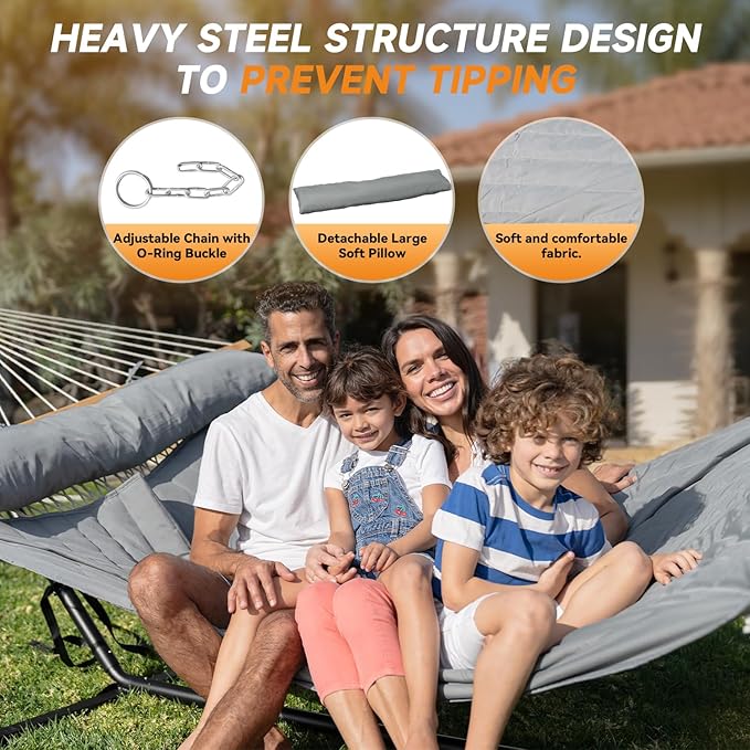 2 Person Outdoor Hammock with Stand, Cotton Rope Hammock with Polyester Pad, Adjustable Steel Frame, Portable with Carrying Bag – for Patio, Backyard, Garden, Beach,Dark-Gray