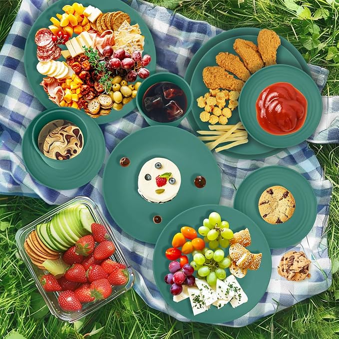 Wrova 40Pack plates and bowls sets for kids - Unbreakable wheat straw dinnerware sets service for 8 - Alternative plastic 40pcs dish sets for kitchen, camping and indoors dinning - (Green)