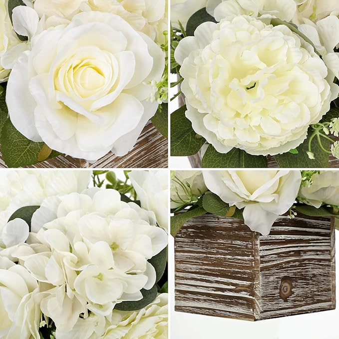 Flower Arrangement with Wooden Vase 8" Artificial Flowers in Pot - Fake Flowers Roses Peonies Hydrangeas in Wooden Vase Potted Artificial Flower Centerpieces for Table Decor Living Room - White
