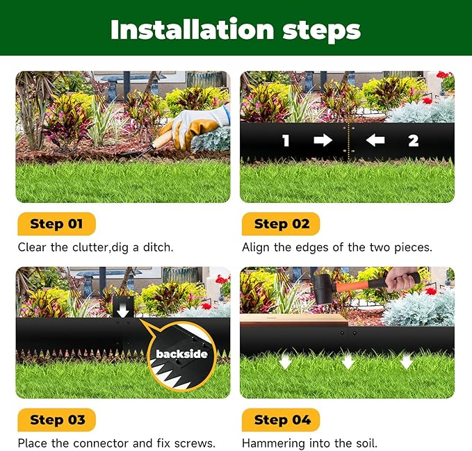 Steel Garden Edging with Top Bending Protection Metal Lanscape Edging Steel Lawn Edging 40 inch Strips, 6 inch Depth 180 Degree Bend for Garden,Lawn,Backyard, 6 Pack (6 inch-180 Degree Bend, Black)