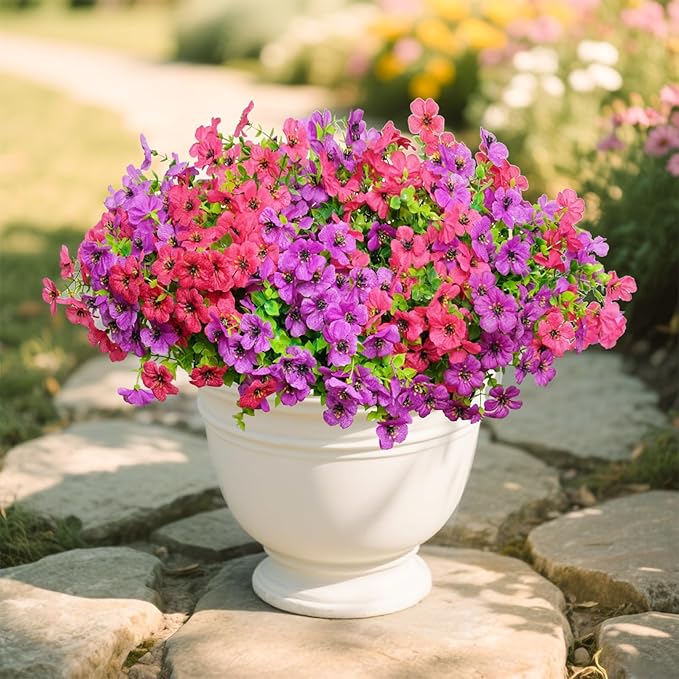 Artificial Flowers for Outdoors, 12 Bundles Outdoor Faux Plants,Uv Resistant Artificial Fake Flowers Plants, Realistic Spring Decor for Porch, Patio, Yard (LightRedPurple)