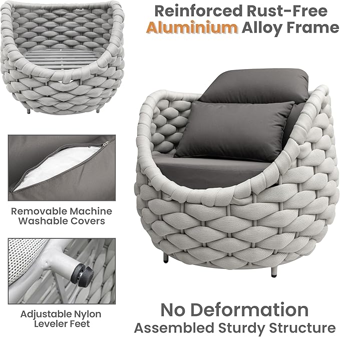 4 PCS Porch Furniture Chair: Patio Accent Chair Aluminum - Woven Rope Cushioned Armchair Assembled - Modern Lounge Single Chair - All Weather 400lbs for Deck Balcony Yard Garden Hotel Poolside