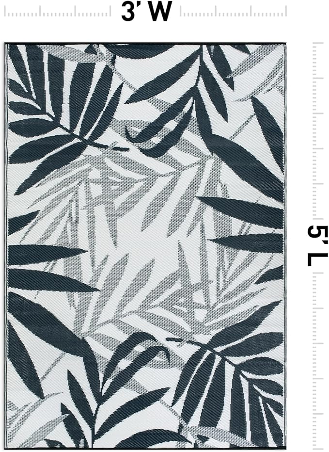 Rugshop Contemporary Floral Leaves Reversible Crease-Free Waterproof Premium Recycled Plastic Outdoor Rugs for Patio,Backyard,RV,Deck,Picnic,Trailer,Beach,Camping,Sunroom Navy 3' x 5'