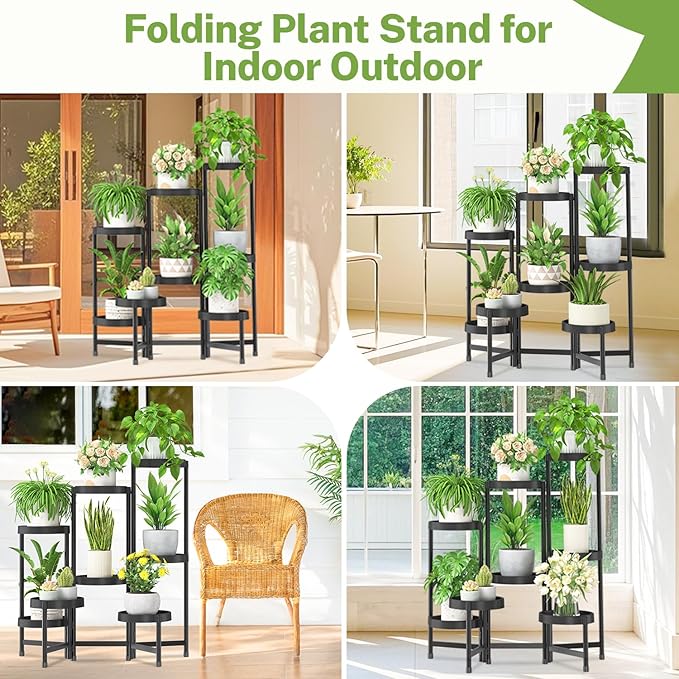 iDavosic.ly 8 Tier Folding Plant Stand Indoor Outdoor with Plastic Tray, Tiered Corner Flower Holder Shelf, Metal Orchid Display Rack for Patio Porch Living Room Garden Balcony, Modern Black