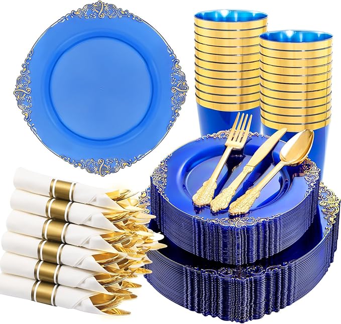 Hioasis 210pcs Blue and Gold Plastic Plates - Elegant Disposable Dinnerware Set Suitable for 30 Guests Include 10.25" Dinner & 7.5" Dessert Plates, Pre Rolled Silverware Set, Cups for Party & Wedding