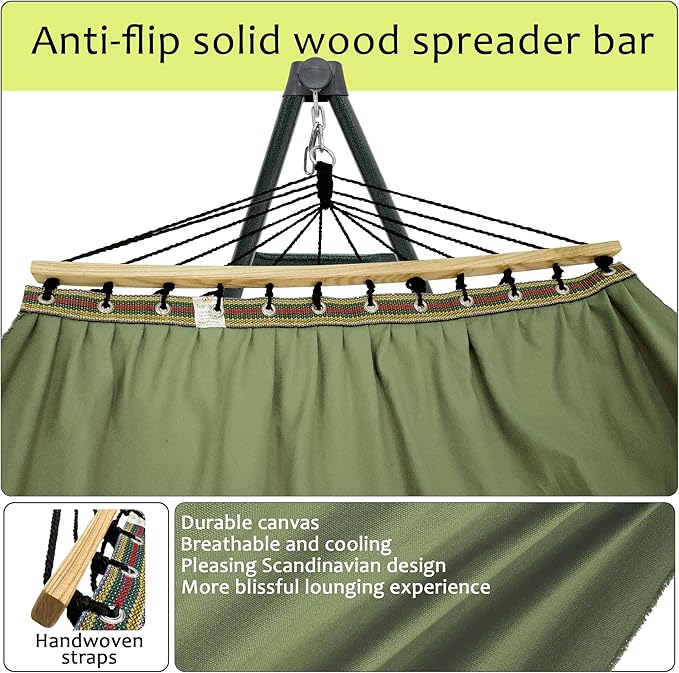Tranquillo Sturdy Steel Hammock Stand with Premium Cotton Canvas, 600 lbs Capacity Hammock Folding, Portable Hammock Stand 30-Second Fold Unfold Spacious Hammock Design, Sage