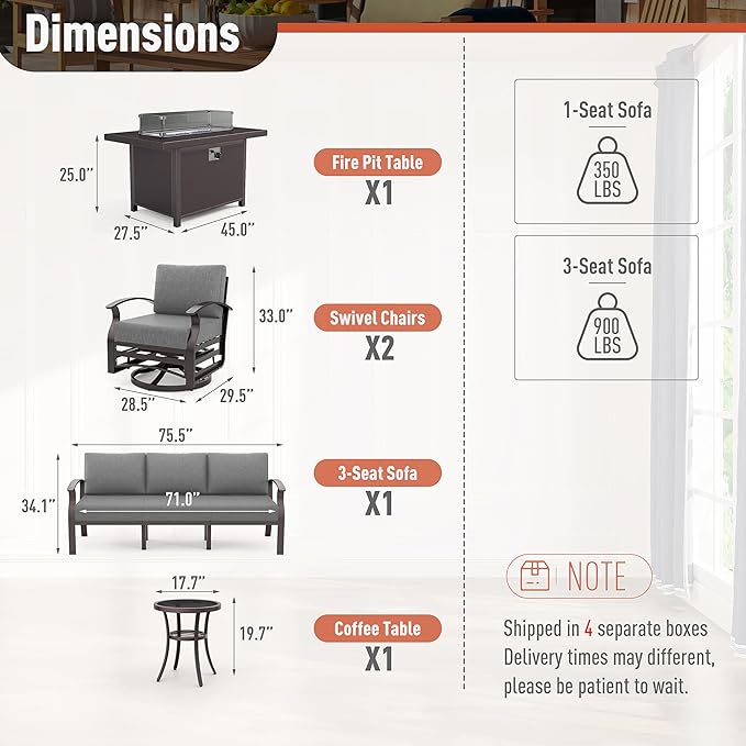 Kurapika Aluminum Patio Furniture Set 5-Seat Modern Metal Outdoor Conversation Sets w/45in Propane Fire Pit Table, Swivel Rocking Chairs Patio Sectional Sofa w/5.1 Inch Cushion, Grey