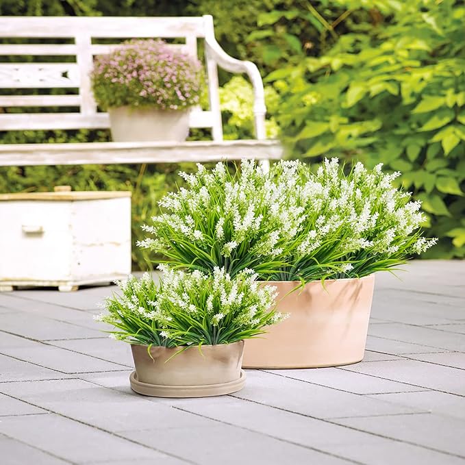 12 Bundles Artificial Plants Outdoor, 18.2" UV Resistant Faux Monkey Grass Greenery Stems No Fade Faux Plastic Flowers Shrubs for Home Weddings Garden Porch Front Patio Office Decor- White