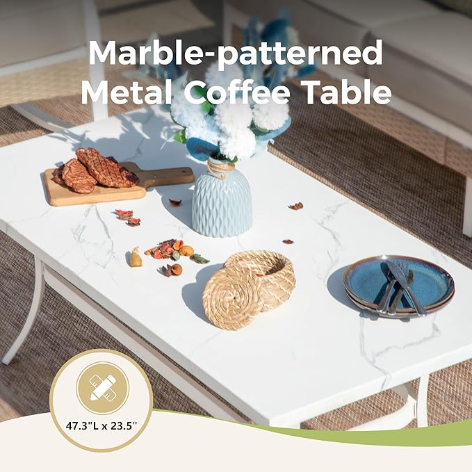 4 Piece Patio Furniture Set, 2 x Fixed Chair, 1 x 3-Seat Sofa with Marbling Coffee Table, All Cushioned 5 Seats Outdoor Conversation Set for Lawn Garden Backyard, Beige