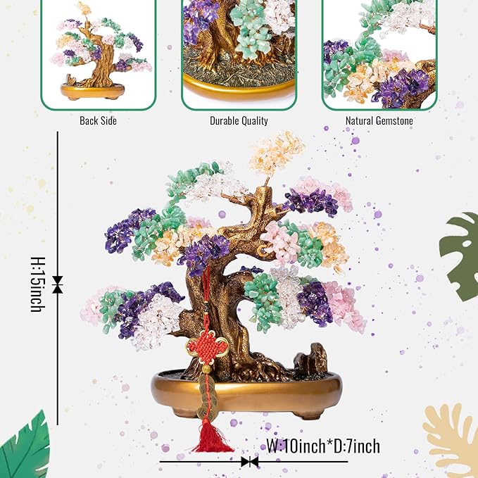 Natural Chakra Gemstone Crystal Bonsai Tree of Life Large Feng Shui Money Tree for Luck and Wealth Desk Decoration(1,251 Gem Count)