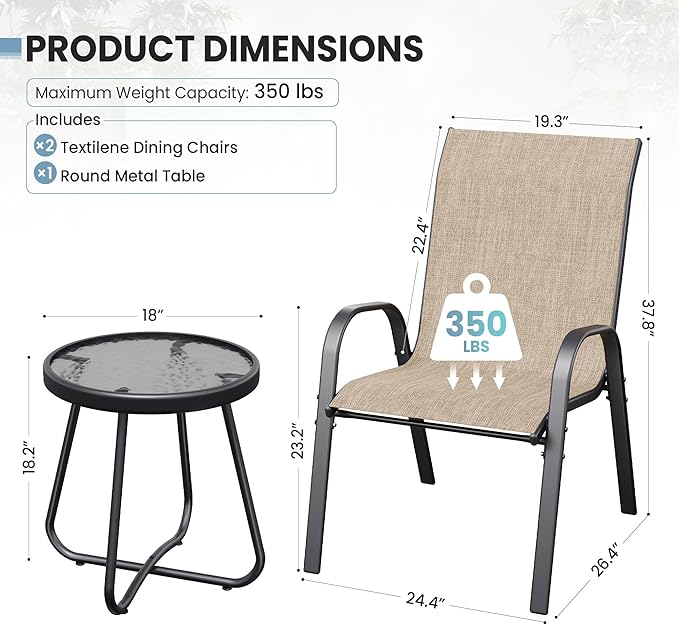 Patio Table and Chairs Set - 3 Piece Outdoor Stackable Dinging Chairs for All Weather,Breathable Garden Furniture for Deck Garden Backyard (Brown)