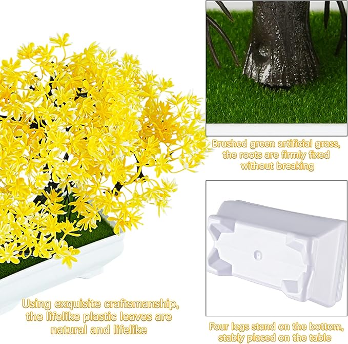 Mini Artificial Bonsai Tree Plants with Plastic Cement Pots for Home Office Décor (Yellow)