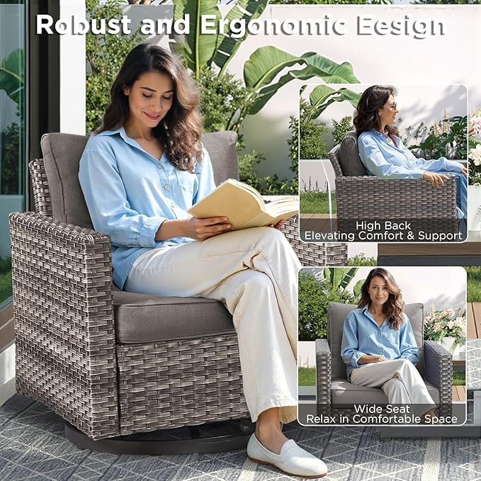 Outdoor Swivel Rocker Patio Chairs-3 Pieces Wicker Swivel Patio Chairs Set of 2 with Matching Side Table, Thick Cushions High Back Outdoor Furniture Set for Deck Porch Balcony(Grey/Grey)