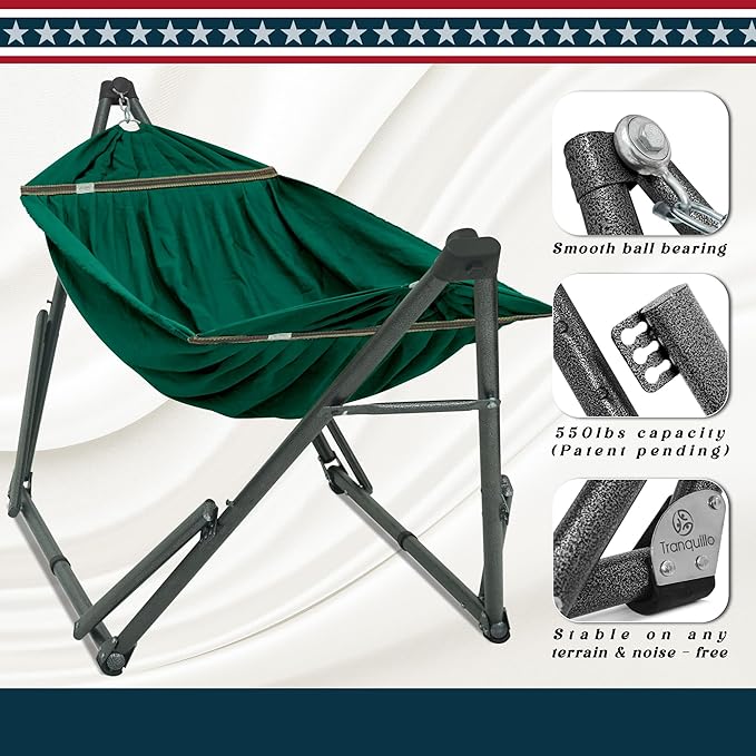 Tranquillo Uniki Hammock with Stand – 550 lbs Capacity, Foldable & Portable, Heavy-Duty Indoor/Outdoor Hammock with Premium Carry Bag, Emerald Green