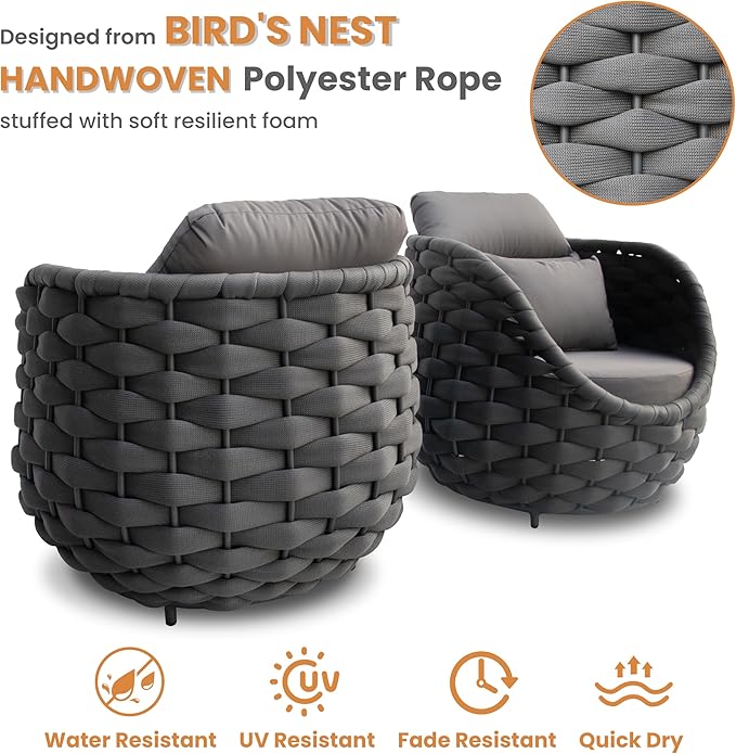 2 Pcs Patio Rope Accent Chair: Aluminum Single Lounge Armchair - Large Woven Chair Cushioned - Modern Arm Chair Assembled for 400lbs Outdoor Lanai Deck Balcony Porch Yard Garden Hotel, Dark Gray