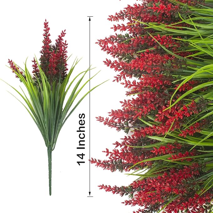 20 Bundles Artificial Plants Outdoor Fake Monkey Grass with Flowers (Red)