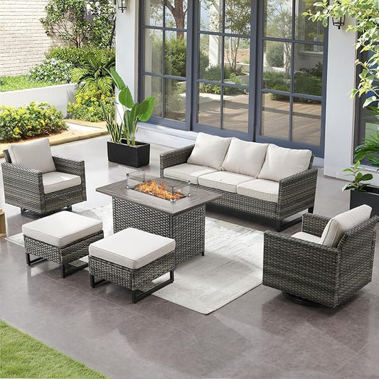 Patio Furniture Set with Fire Pit Table-6 Pieces All Weather Outdoor Swivel Chairs Set of 2 with Patio Sofa and Ottomans, Patio Conversation Sets for Porch Deck Garden Backyard(Grey/Beige)