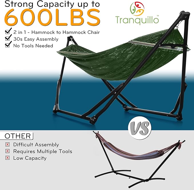Tranquillo UniGen Hammock, Hammock with Stands Heavy Duty Indoor/Outdoor Hammock with Signature Steel Stand, 600lbs Premium Foldable, Durable 2-Layered Soft Polyester, Moss Green