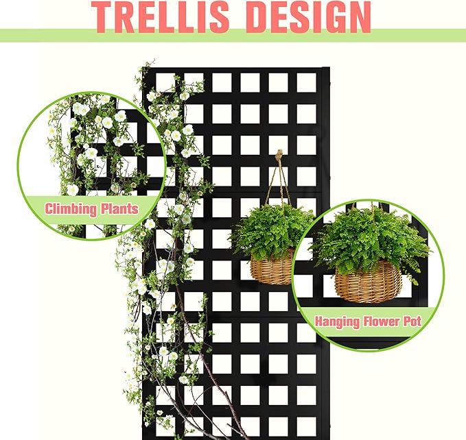 Metal Planter Box with Trellis, Raised Garder Bed with Drainage Hole, Privacy Screen & Trellis for Climbing Plants, Outdoor Plant Stands, 24''L×12''W×63''H, Black
