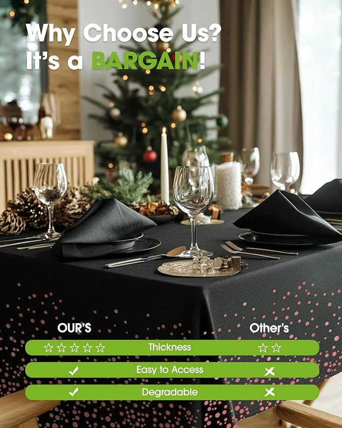 Pureegg Plastic Table Cloth Disposable 8 Pack, 54 x 108 Inch Table Cloths, Graduation Decorations of 2025, Graduation Tablecloths, Rectangle, Plastic Cover, Leakproof & Sturdy, Black and Rose Gold