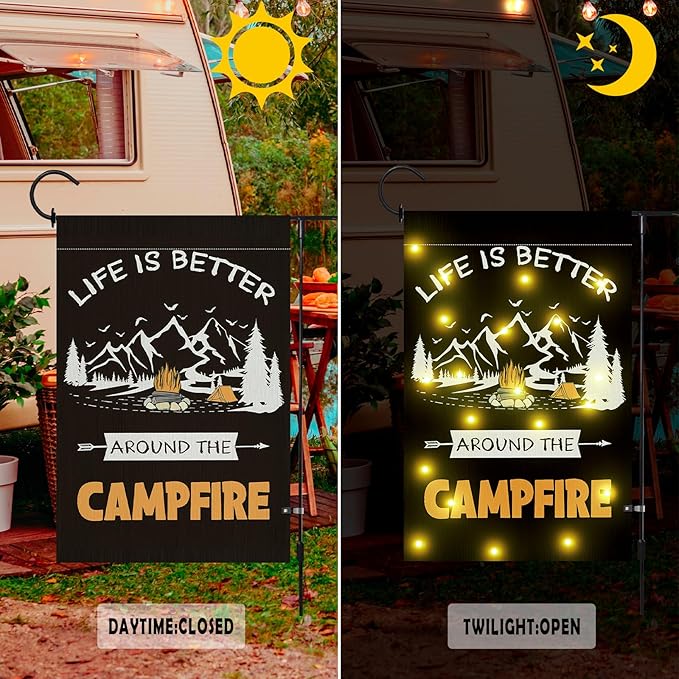 Camping Garden Flag with Led Lights, 12 x 18 Inch Double Sided Vertical Burlap Camping Fire Pit Lighted Garden Flags for RV Campsite Campfire Camper Yard Outdoor Decoration