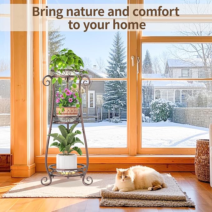 LASZOLA 3 Tier Bronze Metal Plant Stand for Multiple Large Planters Indoor Outdoor Organizer, Heavy Duty Tall Flower Stand for Corner Patio Bathroom Office, Modern Sturdy Vertical Iron Rack, Cat Proof