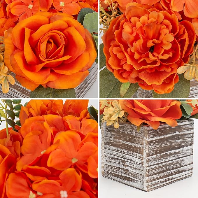 Flower Arrangement with Wooden Vase 8" Artificial Flowers in Pot - Fake Flowers Roses Peonies Hydrangeas in Wooden Vase Potted Artificial Flower Centerpieces for Table Decor Living Room - Burnt Orange