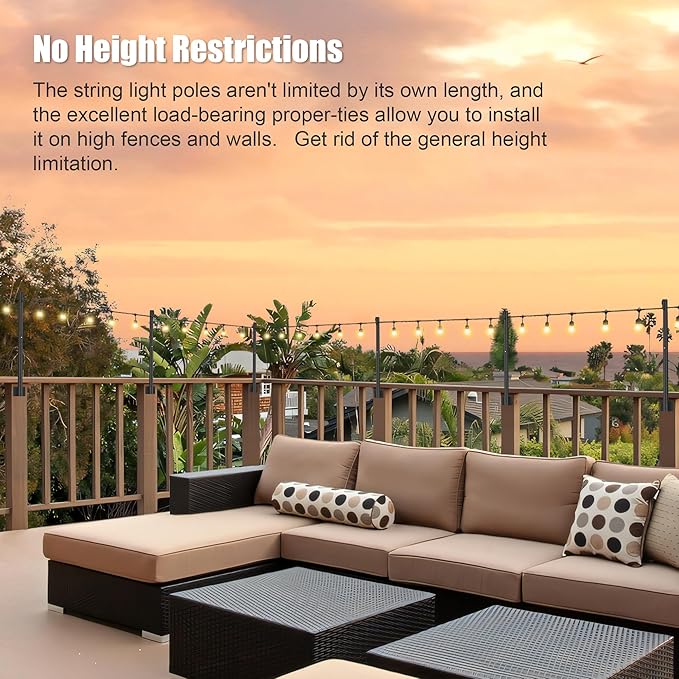 Suchtale 2 Pack 2.8 FT String Light Poles, Suspension Outdoor Fence Post Lights with Clip and Bracket, Outside String Lights Hanging, Wall Mounting Stand for Patio Garden Backyard Wedding Party, Black