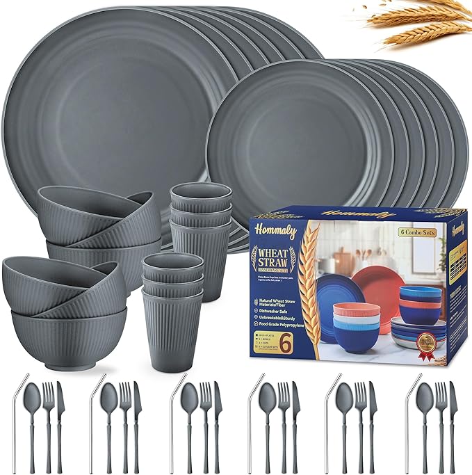 Wheat Straw Dinnerware Sets,48-Piece Plates and Bowls Sets for 6-Unbreakable,Reusable Plastic Dish Set-Dinner Plate/Dessert Plate/Cereal Bowl/Cup/Utensils-Microwavable Dishwasher Safe 48P-Deep Gray