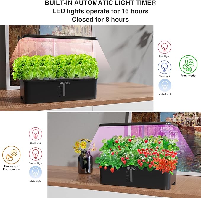 Hydroponics Growing System Herb Garden - MUFGA 18 Pods Indoor Gardening System with LED Grow Light, Plants Germination Kit(No Seeds) with Pump System, Adjustable Height Up to 17.7" for Home, Black