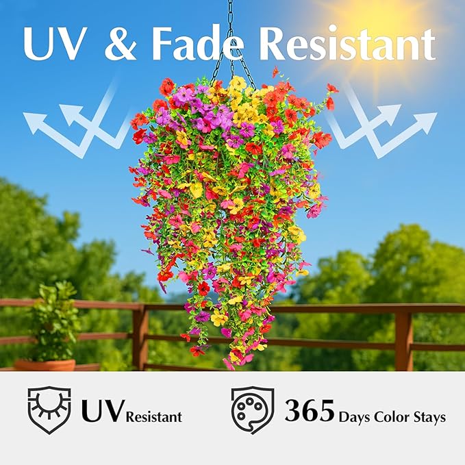 8PCS Artificial Hanging Flowers for Outdoors,Hanging Outdoor Faux Plants,UV Resistant Fake Flowers for Outdoor Planters,Realistic Fake Plants Spring Decor for Porch,Patio,Yard (RedYellowPurple)