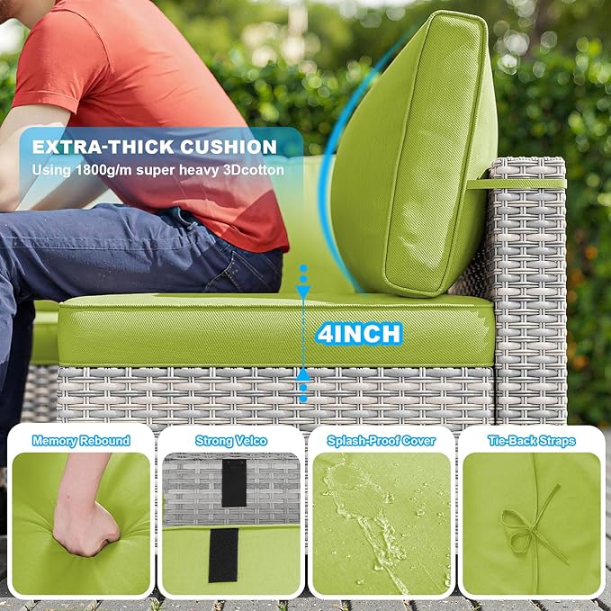 11-Piece Patio Furniture Set, Outdoor Patio Furniture with 55,000 BTU Fire Pit Table, Swivel Chairs Set, Thick Cushions, Modular Patio Sofa, Dual-Strand Rattan, Rust-Resistant Frame, Grass Green