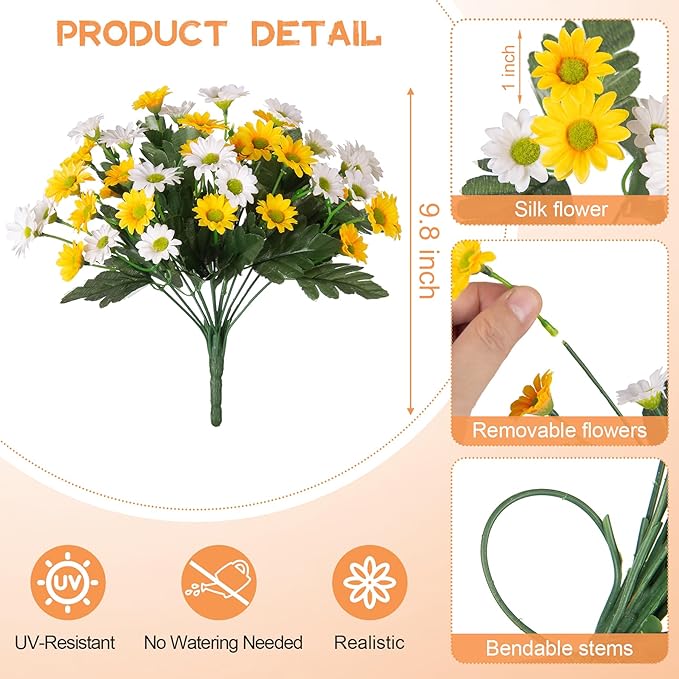 Fake Mums Fall Artificial Flowers for Outdoor Decoration, 6 Bundles Faux Silk Daisy Flowers Realistic UV Resistant No Fade Fall Fake Plants for Home Patio Porch Garden Window Box Decor(Yellow White)