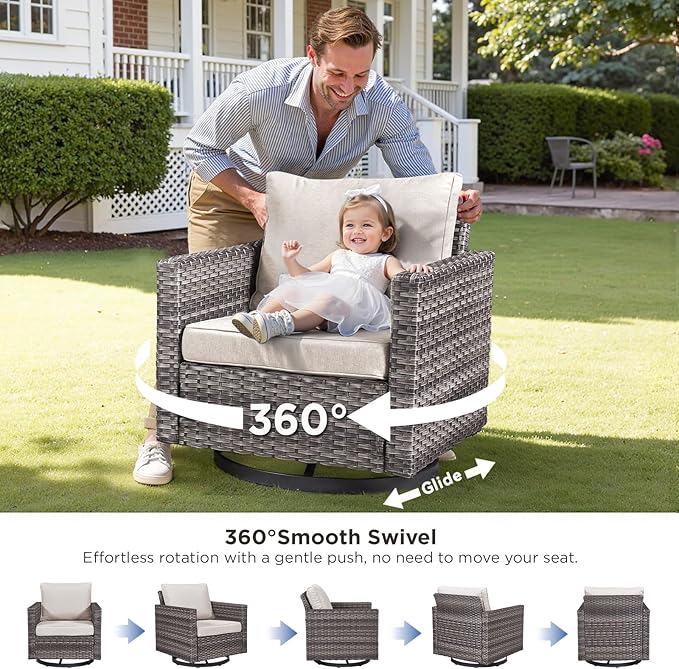 Patio Furniture Set with Fire Pit Table-6 Pieces All Weather Outdoor Swivel Chairs Set of 2 with Patio Sofa and Ottomans, Patio Conversation Sets for Porch Deck Garden Backyard(Grey/Beige)