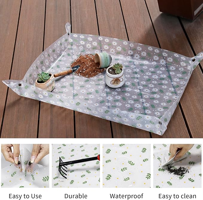 Repotting Mat for Indoor Plants Waterproof Clear Potting Mat Foldable Plant Potting Repotting Tray Portable Gardening Tray for Indoor Potting Soil, Gardening Gifts for Women 31.5 x 23.6(Leaves)