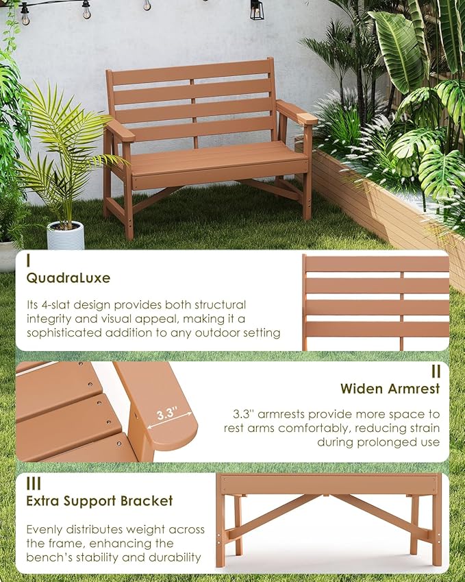 GREENVINES Outdoor Bench | 51.5’’ | HDPE | Garden Benches | Weatherproof | for Outdoors Patio Park Porch Outside Backyard | 2-Person | Teak