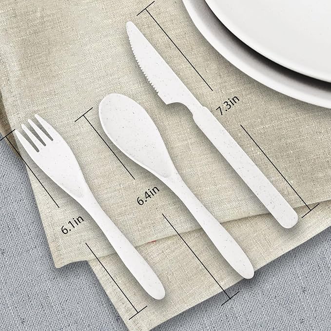 Wrova Wheat Straw Plate and Bowl sets with cups and cutlery set of 64 - Unbreakable Dinnerware service for 8 - Microwave and Dishwasher safe dish sets for kitchen,indoors and out doors.White