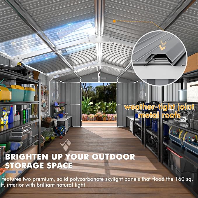 Metal Shed 10x16 FT Large with Customizable Skylight, Reinforced Steel Frame, Heavy-Duty Galvanized Steel Big Garden Sheds with Lockable Doors,4 Pane Windows, Large Utility Tool Sheds