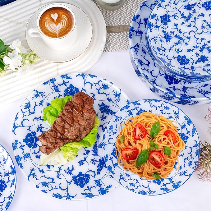 60 PCS Blue Plastic Plates - Blue Floral Plates - Disposable Decorative Plate Sets Include 30 Dinner & 30 Dessert Plate for Wedding Birthday Party Supplies