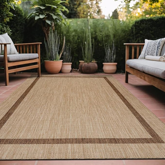 Bordered Outdoor Rug 8x10 Washable Outside Carpet for Indoor Patio Porch Waterproof Easy Cleaning Non Shedding Area Rugs Jute Beige - Nut Brown 8 x 10