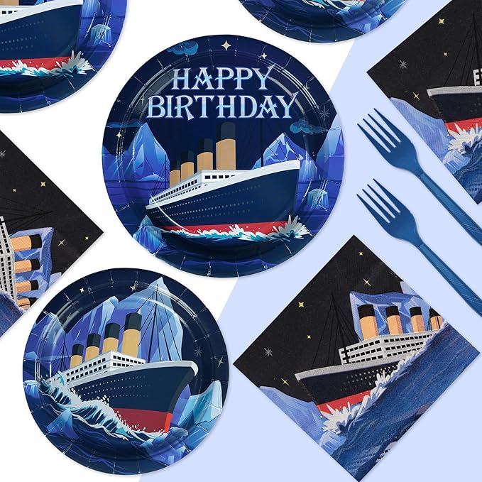 96Pcs Nautical Themed Party Supplies Ocean Navy Paper Plate and Napkins Tableware Sets Cruise Ship Classic Movie Decorations for Boys Men Baby Shower Anchor Beach Birthday Party, Serve 24