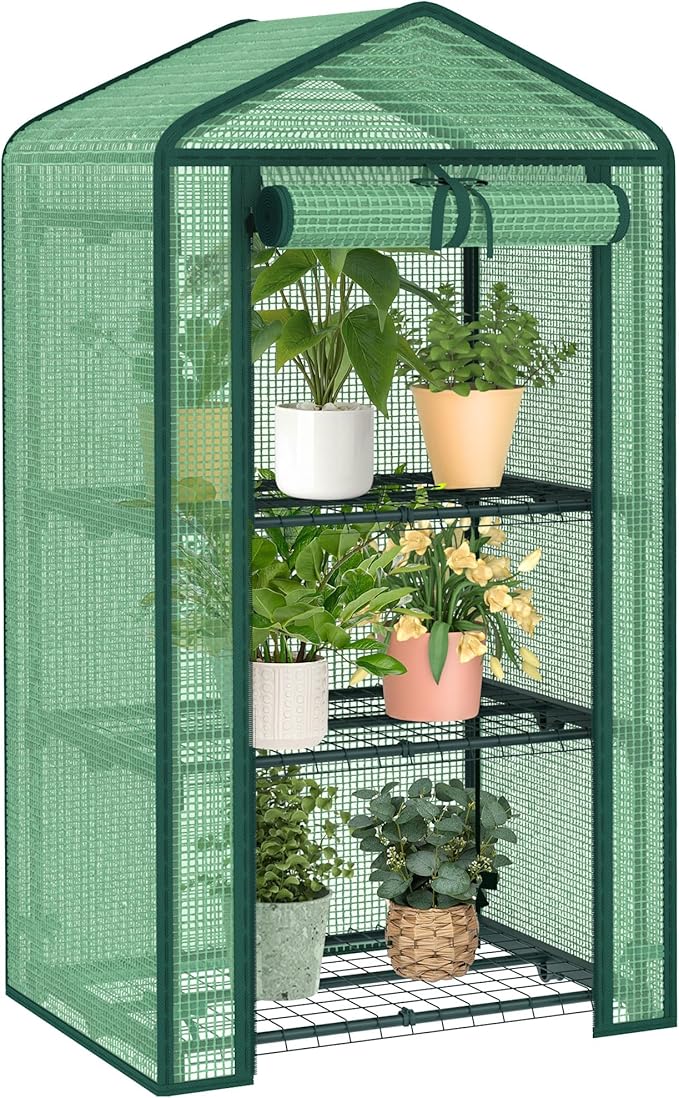 3-Tier Greenhouse for Indoor and Outdoor Use, 4ft Tall Portable Mini Green House with Shelves, Zipper Door & PE Cover, for Seed Starting, Plants, Herbs, Balcony, Patio Gardening
