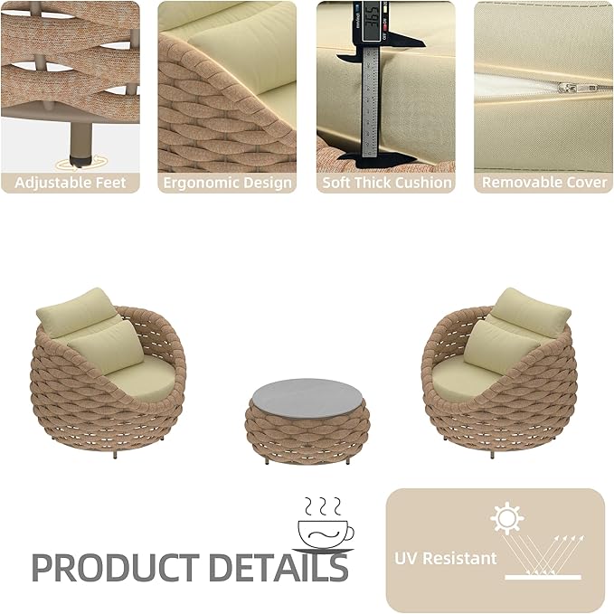 TWT 3 Pieces Aluminum Patio Furniture Set Quick Drying Textilene Rope Outdoor Sofa Set w/Washable Cushion and Rock Slab Tabletop, Conversation Furniture for Livingroom Poolside Balcony (Khaki)