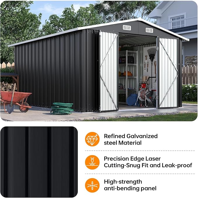 10x12FT Outdoor Storage Shed, Metal Garden Shed with Lockable Double Doors & Sloping Roof, Weather-Resistant Tool Shed for Backyard, Patio, Poolside Black